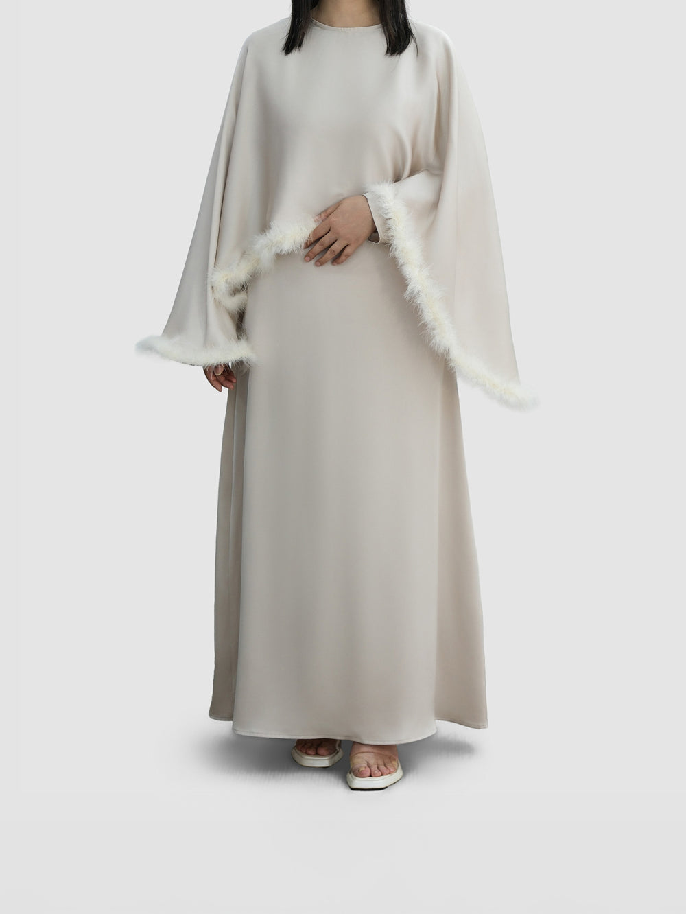 Feathered Cuffed Silk Dress
