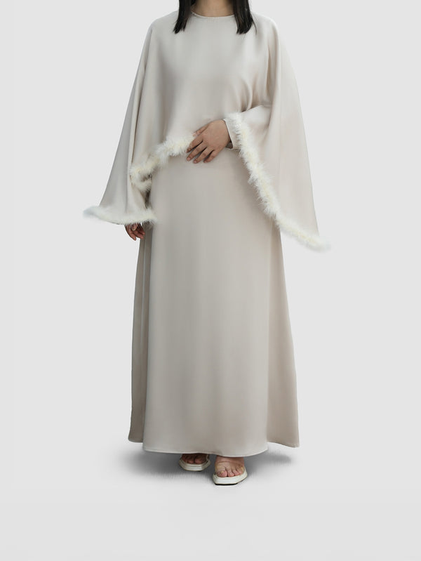 Feathered Cuffed Silk Dress