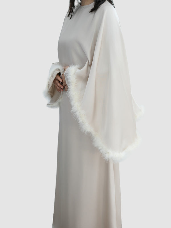 Feathered Cuffed Silk Dress
